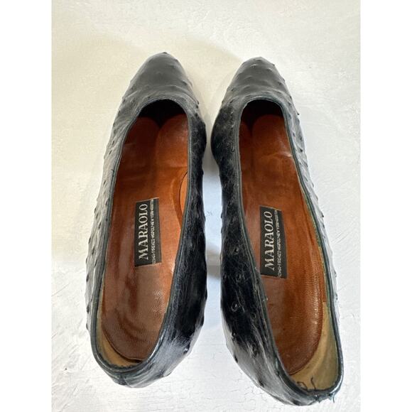 Vintage Maralolo Black Ostrich Pumps Leather Heels 7.5 Boss Old Money Classic - Picture 4 of 8
